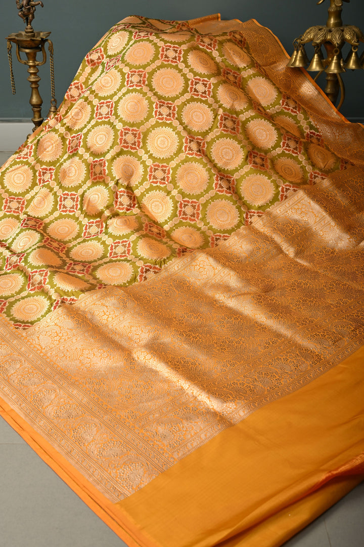 Green Dual Tone Banarasi Katan Silk Saree with Meenakari Patola Floral Brocade Jaal and Zari Border | SILK MARK CERTIFIED | SHOBITAM