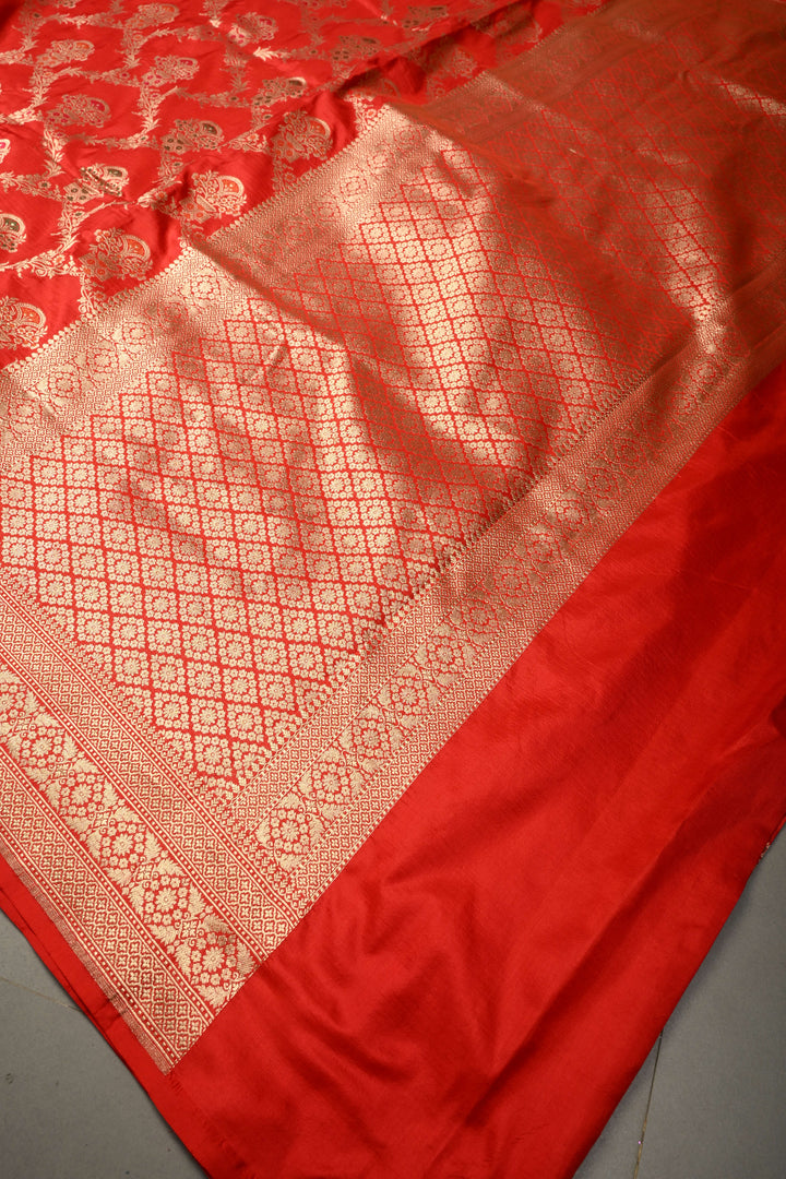 Blood Red Banarasi Katan Silk Saree with Meenakari Floral Brocade Jaal and Zari Border | SILK MARK CERTIFIED | SHOBITAM