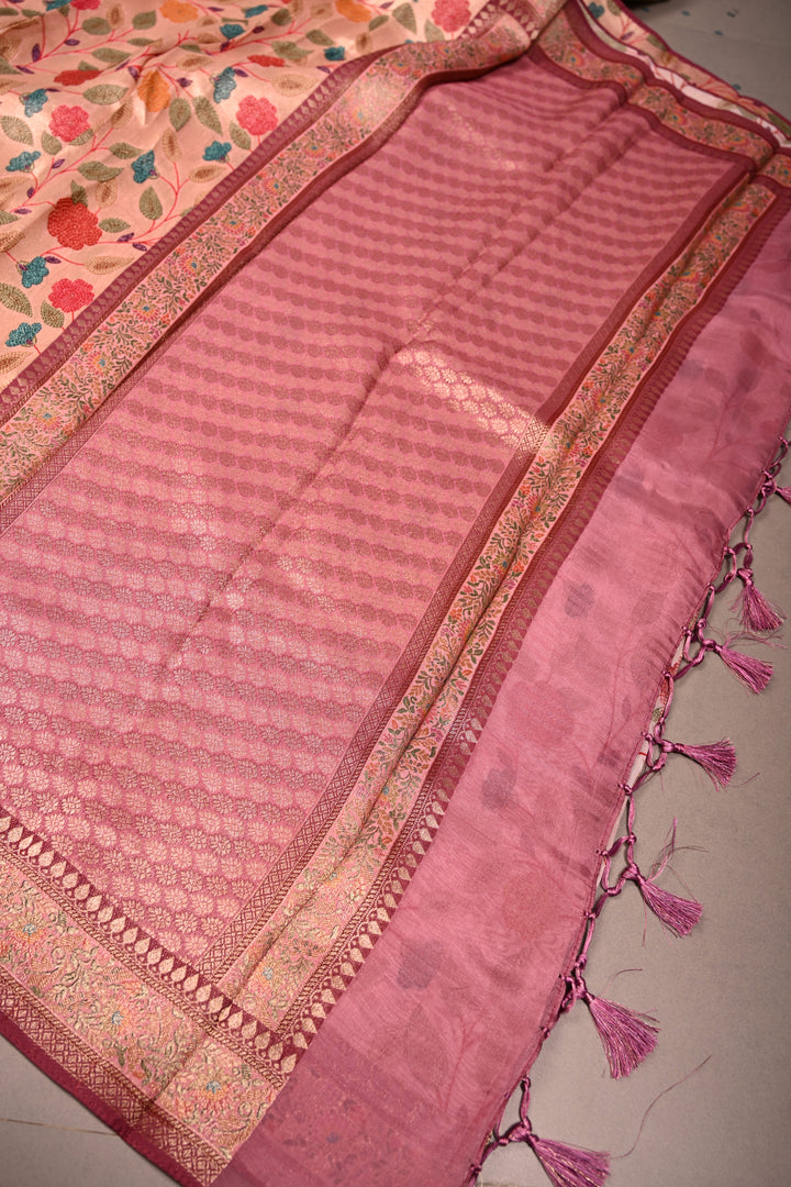 Rose Pink Paithani Style Tissue Semi Silk Saree with Meenakari Moroccan Jaal and Zari Border | SHOBITAM