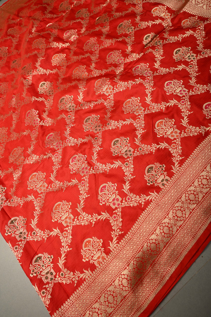 Blood Red Banarasi Katan Silk Saree with Meenakari Floral Brocade Jaal and Zari Border | SILK MARK CERTIFIED | SHOBITAM