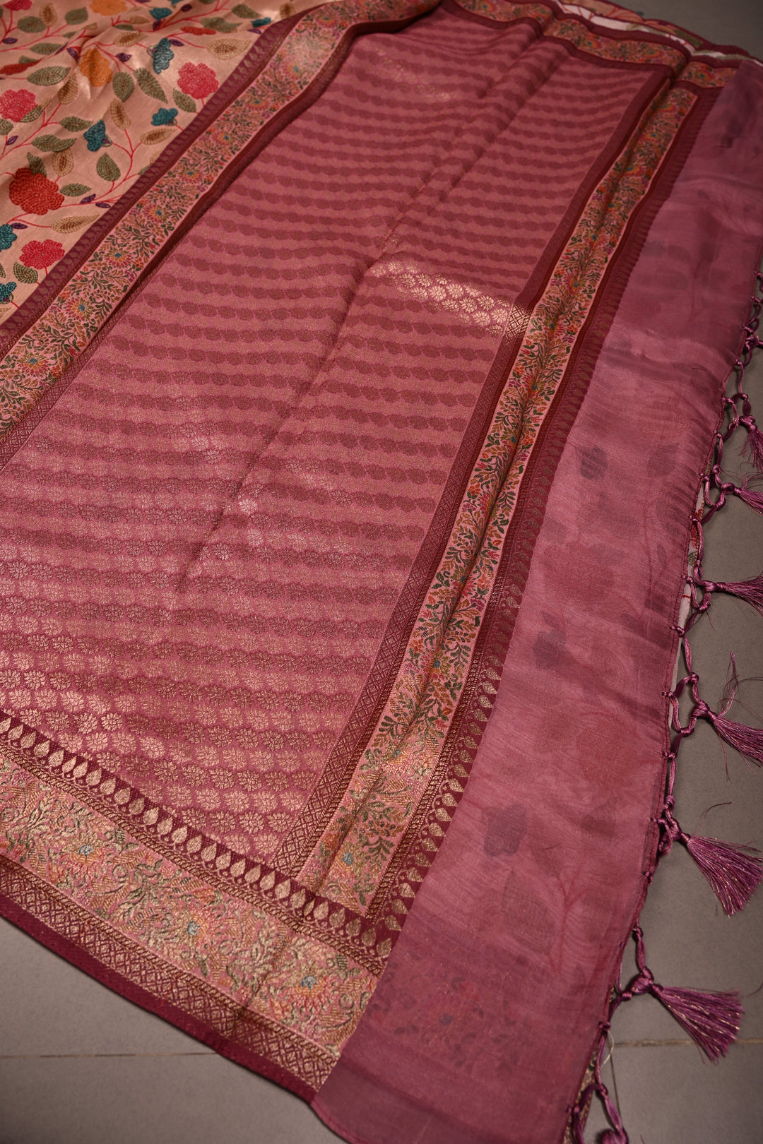 Rose Pink Paithani Style Tissue Semi Silk Saree with Meenakari Moroccan Jaal and Zari Border | SHOBITAM