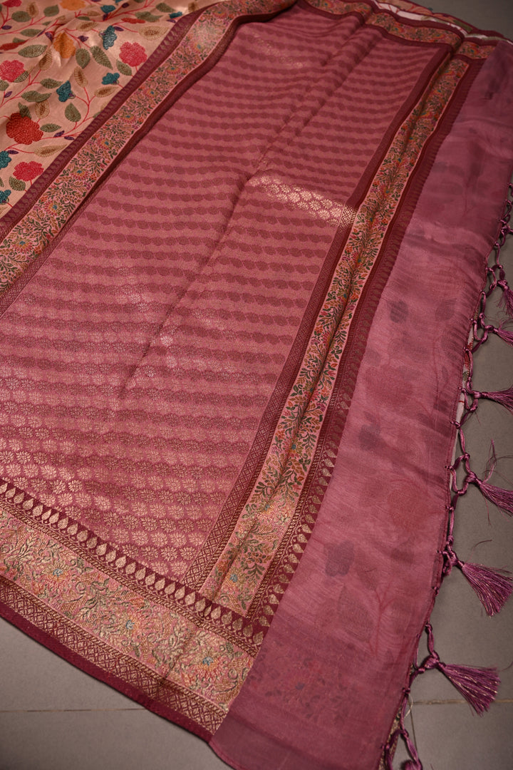Rose Pink Paithani Style Tissue Semi Silk Saree with Meenakari Moroccan Jaal and Zari Border | SHOBITAM