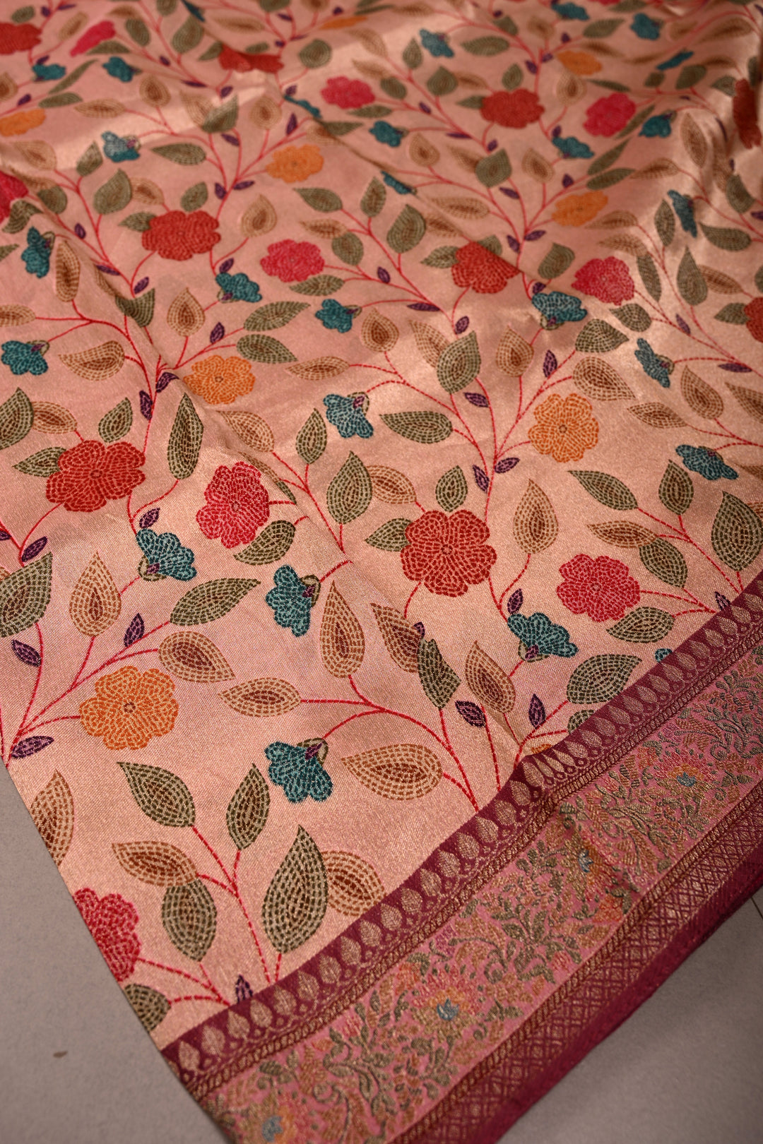 Rose Pink Paithani Style Tissue Semi Silk Saree with Meenakari Moroccan Jaal and Zari Border | SHOBITAM
