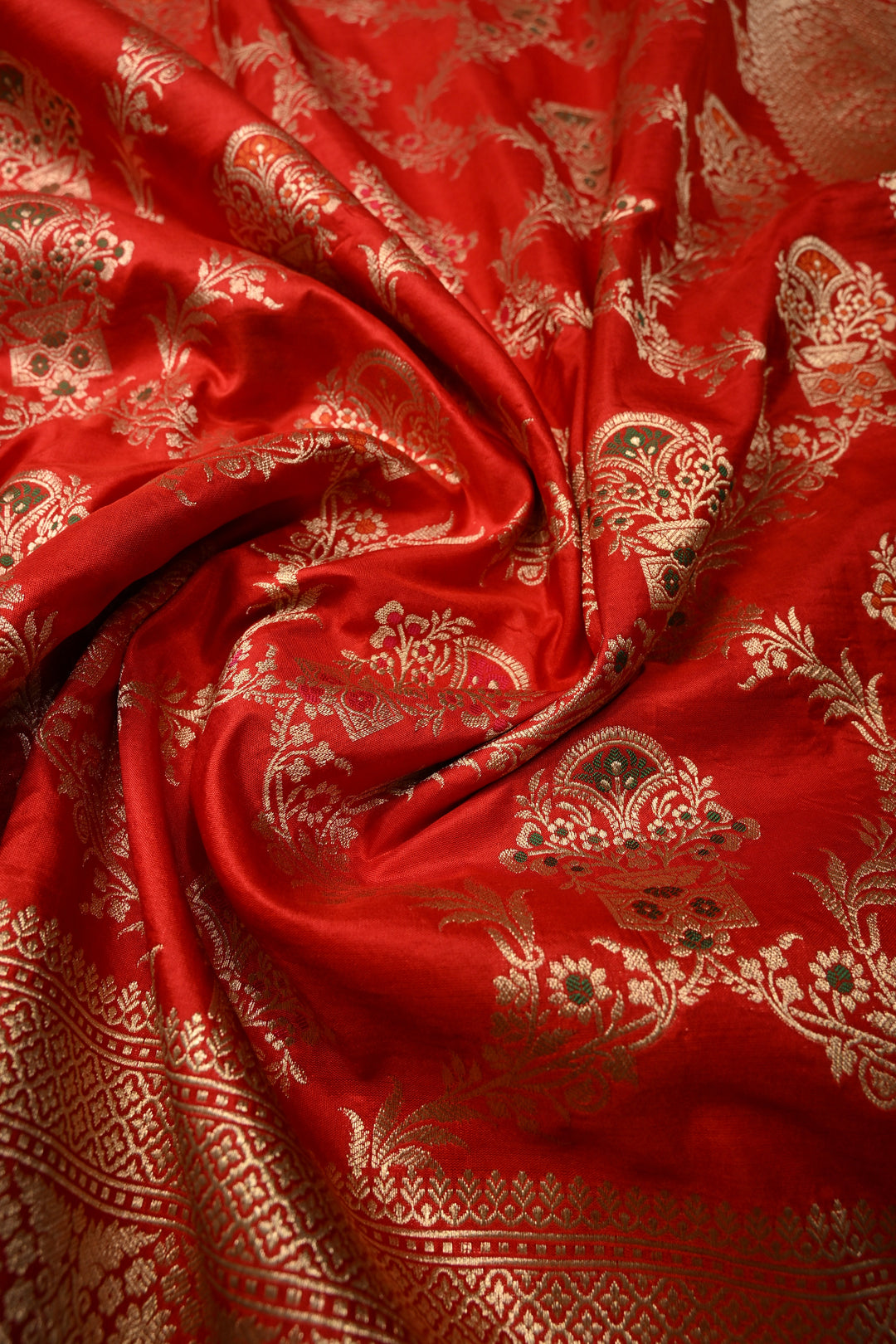 Blood Red Banarasi Katan Silk Saree with Meenakari Floral Brocade Jaal and Zari Border | SILK MARK CERTIFIED | SHOBITAM