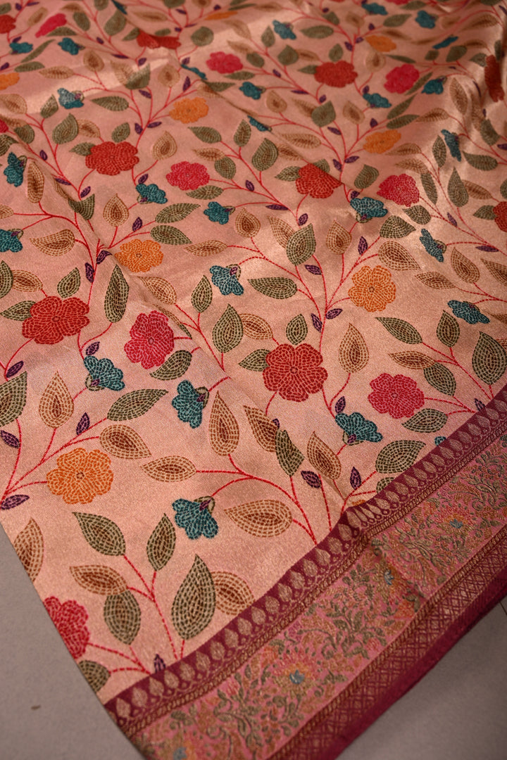 Rose Pink Paithani Style Tissue Semi Silk Saree with Meenakari Moroccan Jaal and Zari Border | SHOBITAM