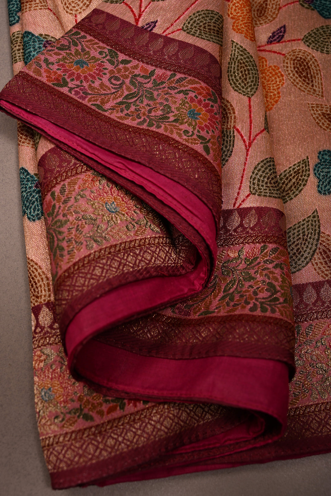 Rose Pink Paithani Style Tissue Semi Silk Saree with Meenakari Moroccan Jaal and Zari Border | SHOBITAM