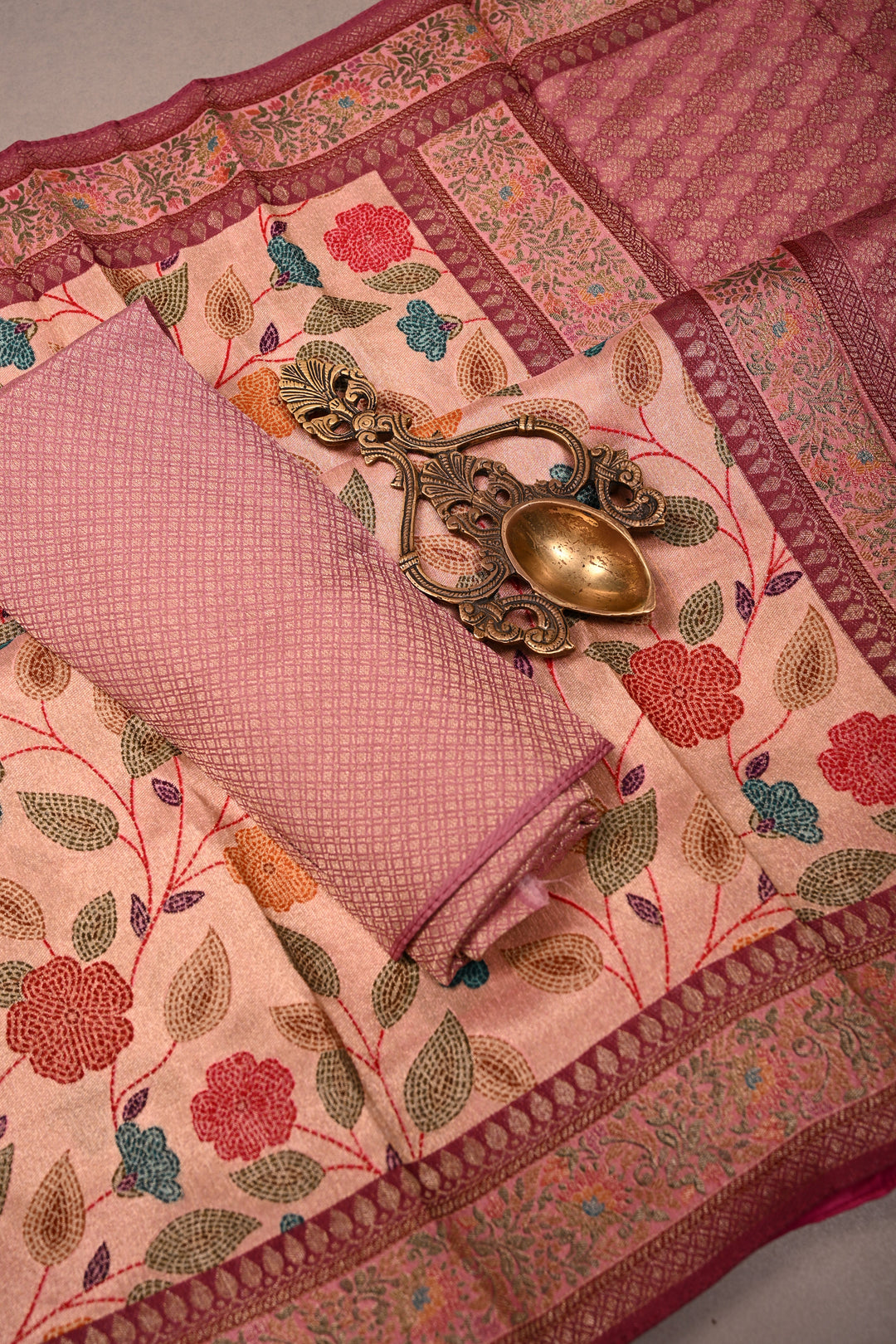 Rose Pink Paithani Style Tissue Semi Silk Saree with Meenakari Moroccan Jaal and Zari Border | SHOBITAM