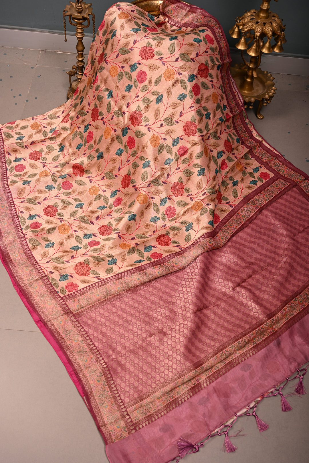 Rose Pink Paithani Style Tissue Semi Silk Saree with Meenakari Moroccan Jaal and Zari Border | SHOBITAM