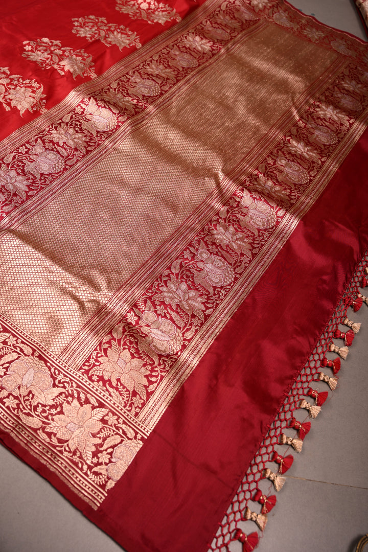 Red Banarasi Katan Silk Saree with Sona Rupa Floral Zari Border | SILK MARK CERTIFIED | SHOBITAM