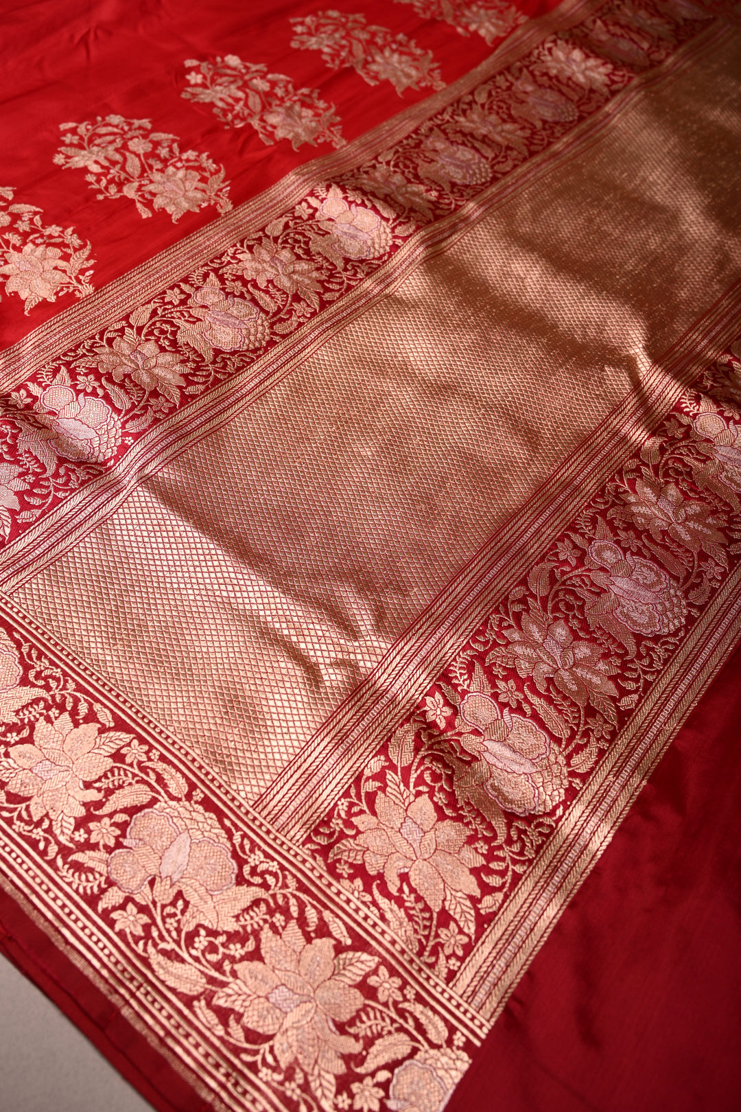 Red Banarasi Katan Silk Saree with Sona Rupa Floral Zari Border | SILK MARK CERTIFIED | SHOBITAM
