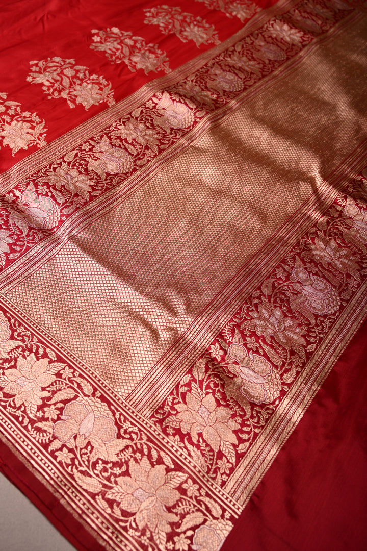 Red Banarasi Katan Silk Saree with Sona Rupa Floral Zari Border | SILK MARK CERTIFIED | SHOBITAM