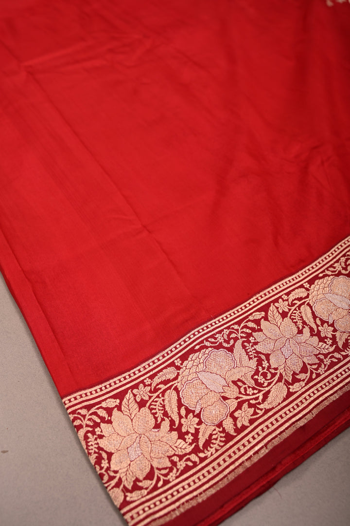 Red Banarasi Katan Silk Saree with Sona Rupa Floral Zari Border | SILK MARK CERTIFIED | SHOBITAM