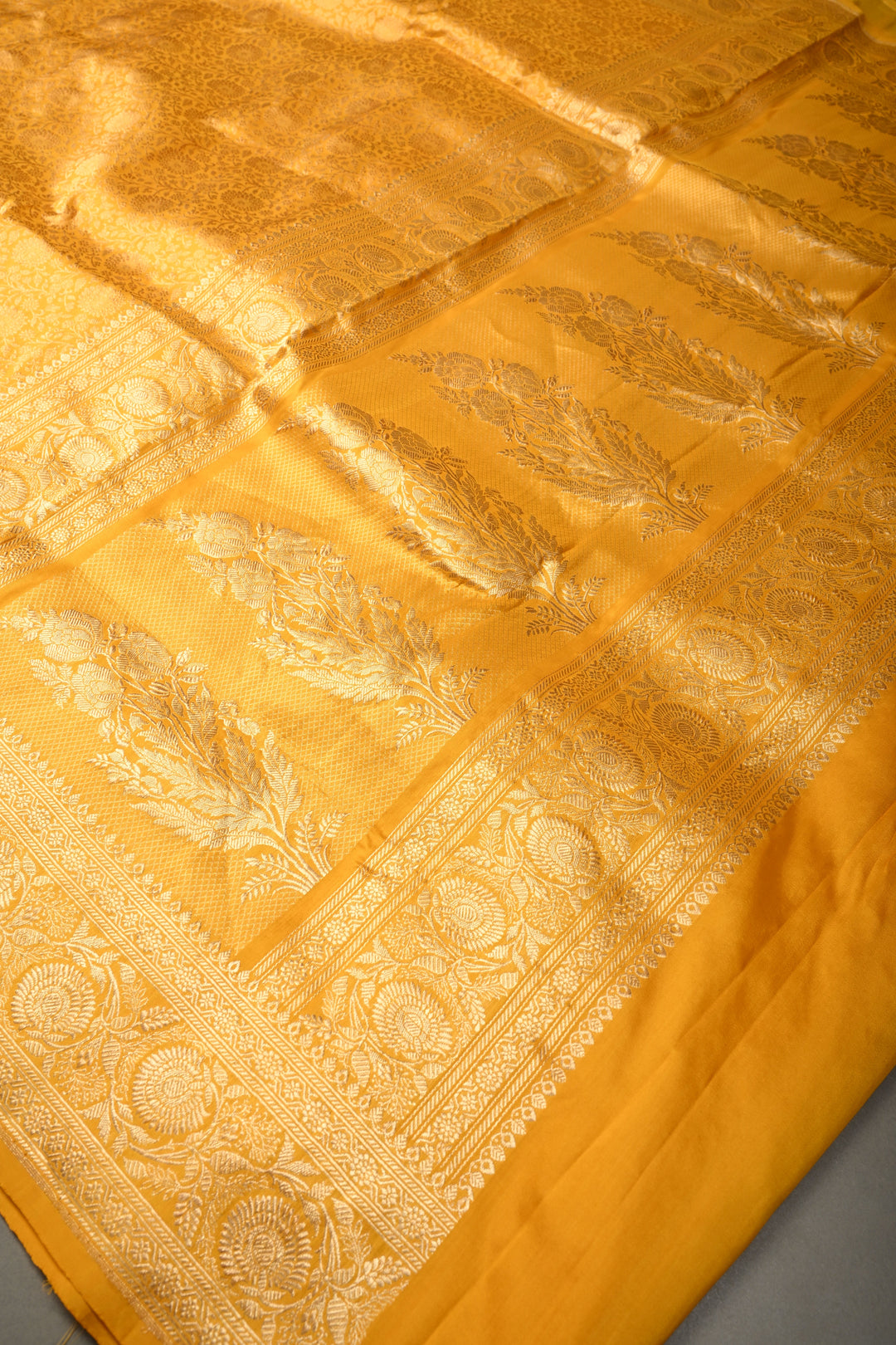 Mustard Yellow Banarasi Katan Silk Saree with Floral Brocade Jaal and Zari Border | SILK MARK CERTIFIED | SHOBITAM