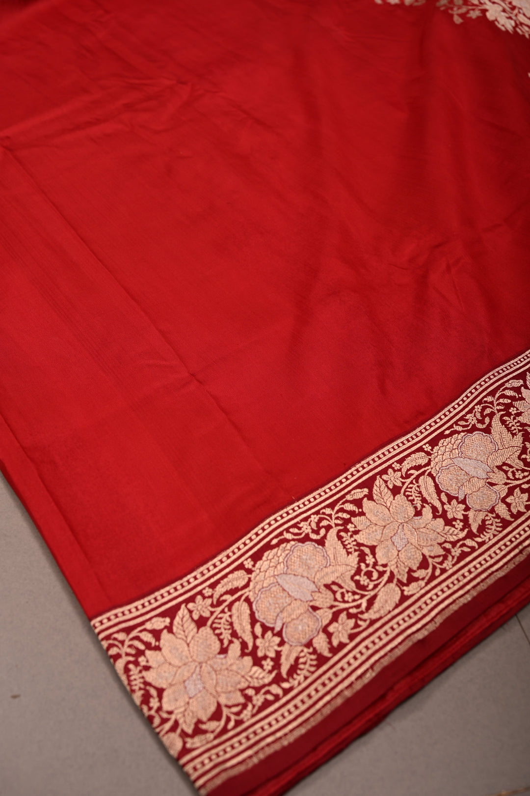 Red Banarasi Katan Silk Saree with Sona Rupa Floral Zari Border | SILK MARK CERTIFIED | SHOBITAM