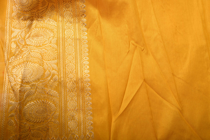 Mustard Yellow Banarasi Katan Silk Saree with Floral Brocade Jaal and Zari Border | SILK MARK CERTIFIED | SHOBITAM