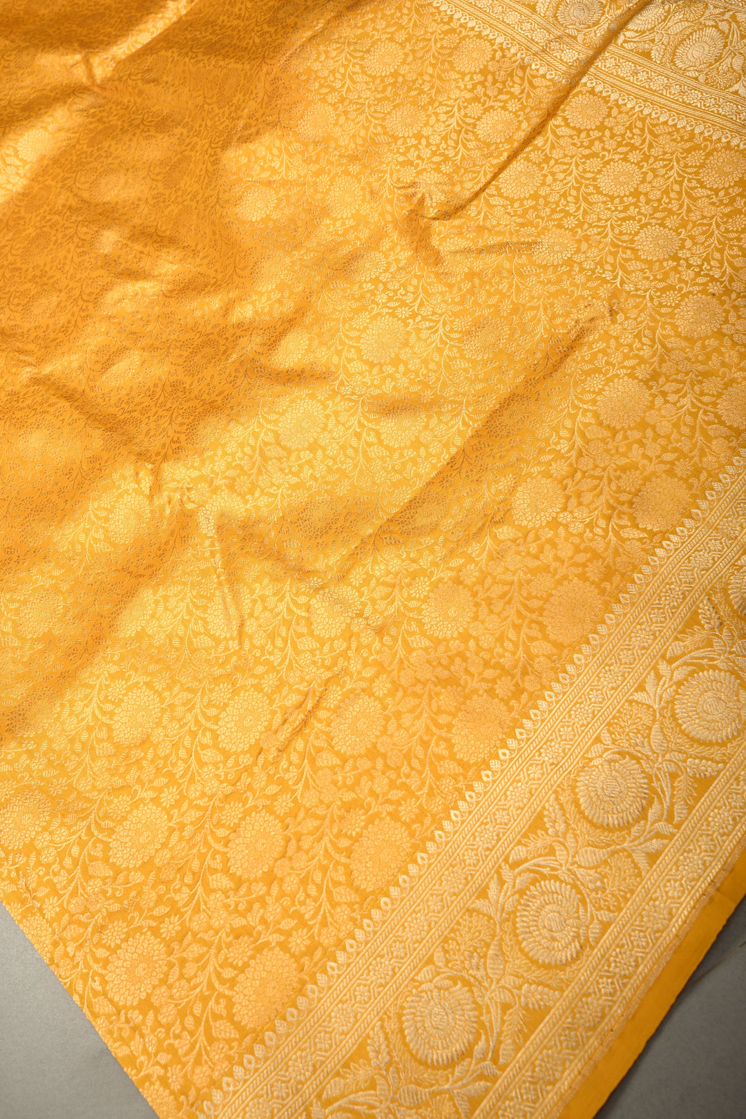 Mustard Yellow Banarasi Katan Silk Saree with Floral Brocade Jaal and Zari Border | SILK MARK CERTIFIED | SHOBITAM