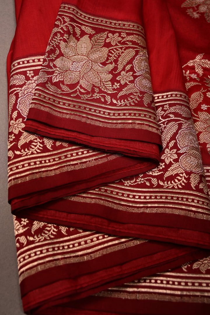 Red Banarasi Katan Silk Saree with Sona Rupa Floral Zari Border | SILK MARK CERTIFIED | SHOBITAM