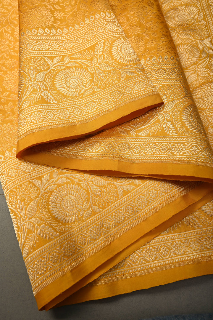 Mustard Yellow Banarasi Katan Silk Saree with Floral Brocade Jaal and Zari Border | SILK MARK CERTIFIED | SHOBITAM