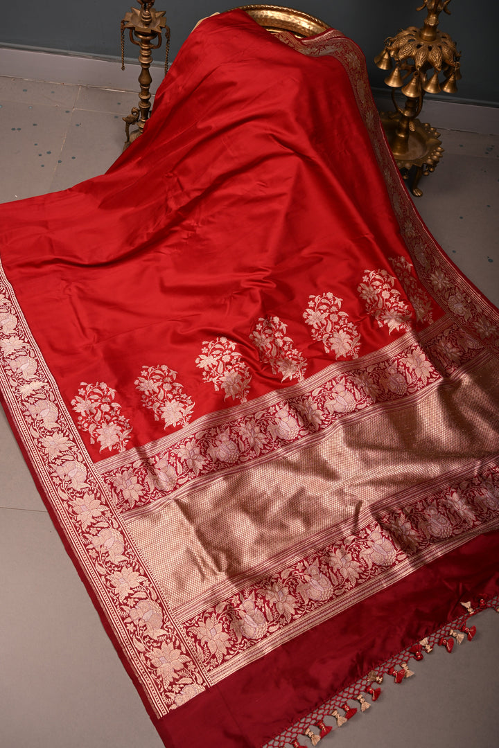 Red Banarasi Katan Silk Saree with Sona Rupa Floral Zari Border | SILK MARK CERTIFIED | SHOBITAM