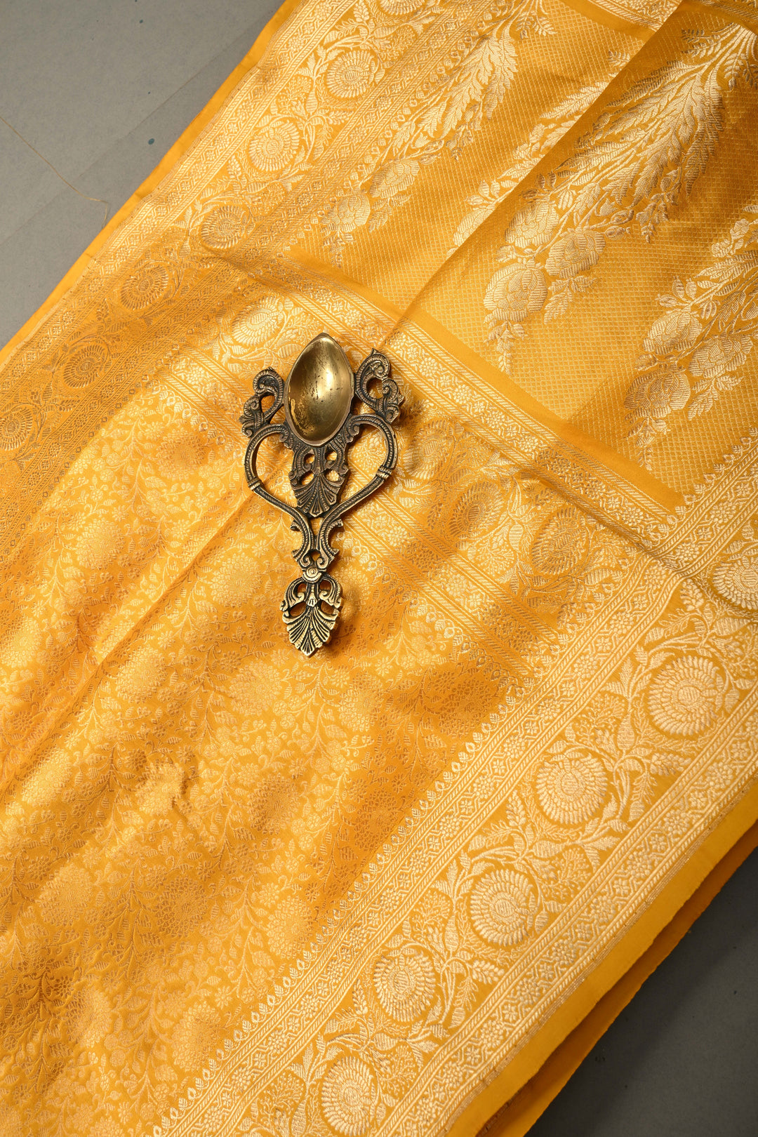 Mustard Yellow Banarasi Katan Silk Saree with Floral Brocade Jaal and Zari Border | SILK MARK CERTIFIED | SHOBITAM