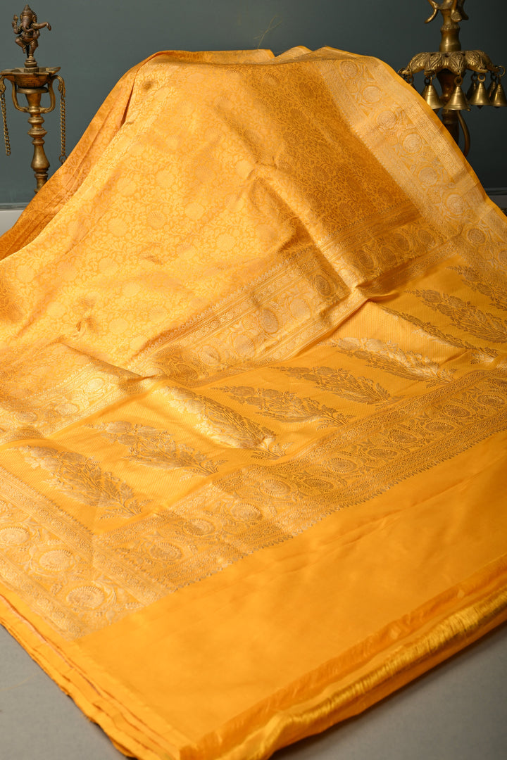 Mustard Yellow Banarasi Katan Silk Saree with Floral Brocade Jaal and Zari Border | SILK MARK CERTIFIED | SHOBITAM