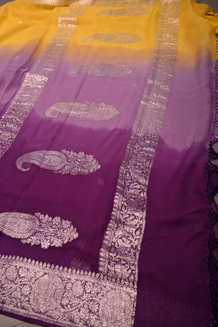 Purple-Yellow Shades Ombre Pure Silk Banarasi Chiffon Saree with Siver Zari Buttas and Border | SILK MARK CERTIFIED | SHOBITAM
