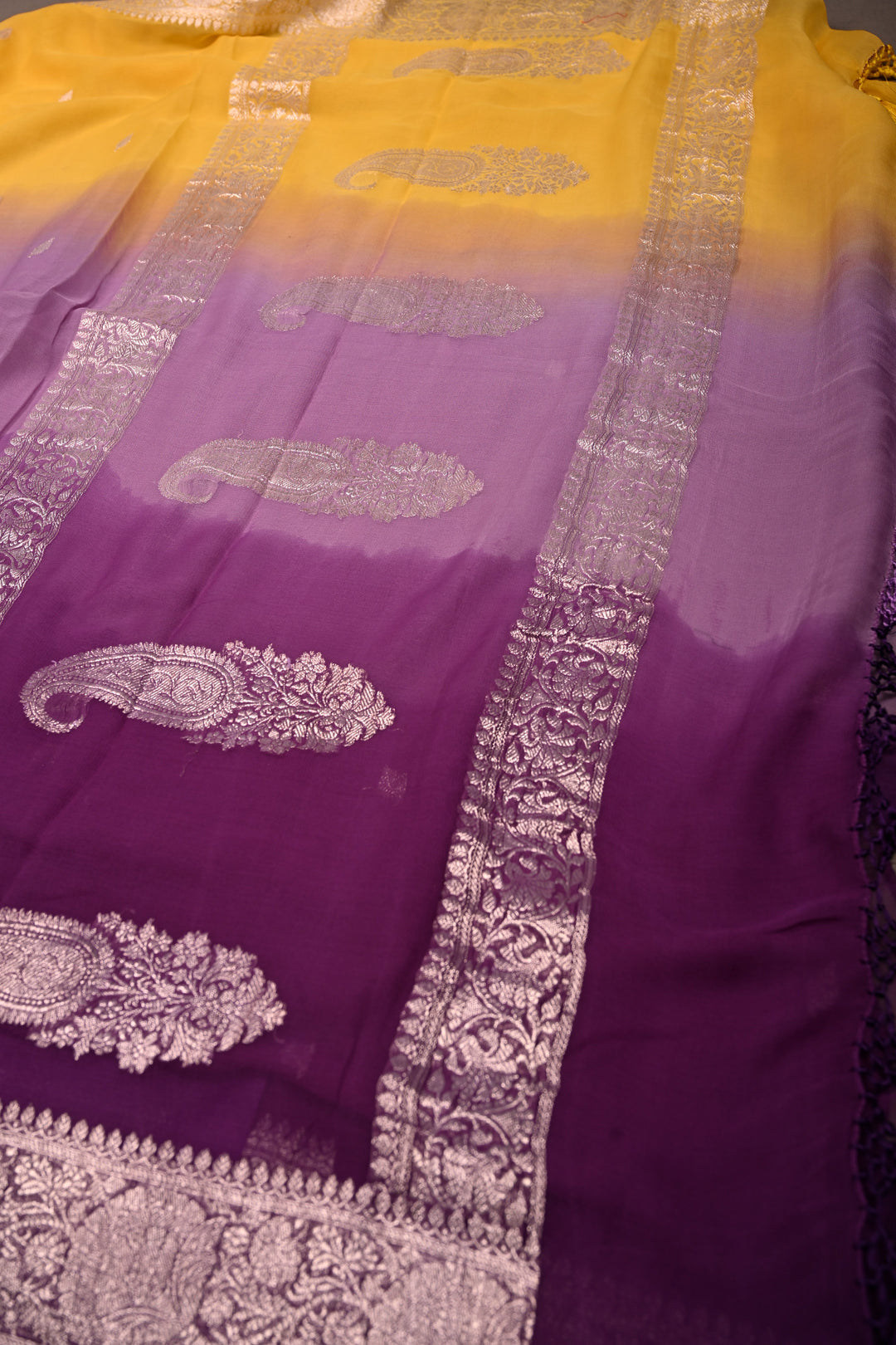 Purple-Yellow Shades Ombre Pure Silk Banarasi Chiffon Saree with Siver Zari Buttas and Border | SILK MARK CERTIFIED | SHOBITAM