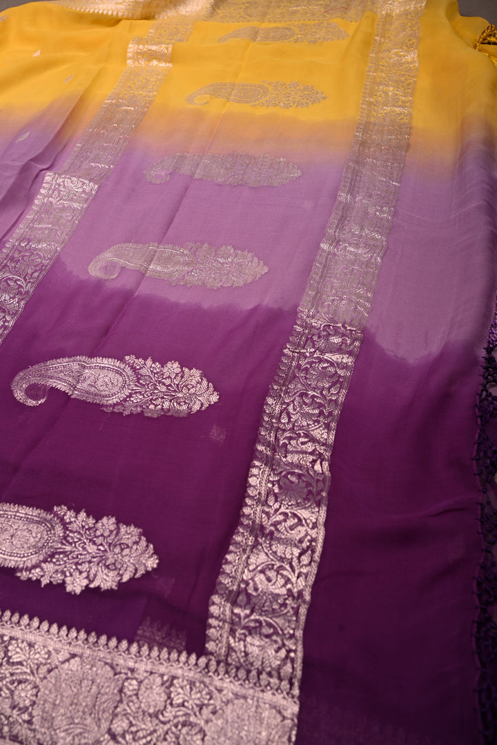 Purple-Yellow Shades Ombre Pure Silk Banarasi Chiffon Saree with Siver Zari Buttas and Border | SILK MARK CERTIFIED | SHOBITAM