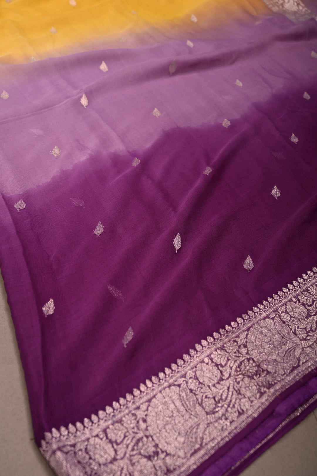 Purple-Yellow Shades Ombre Pure Silk Banarasi Chiffon Saree with Siver Zari Buttas and Border | SILK MARK CERTIFIED | SHOBITAM