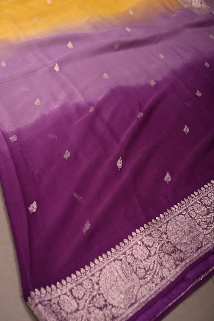 Purple-Yellow Shades Ombre Pure Silk Banarasi Chiffon Saree with Siver Zari Buttas and Border | SILK MARK CERTIFIED | SHOBITAM