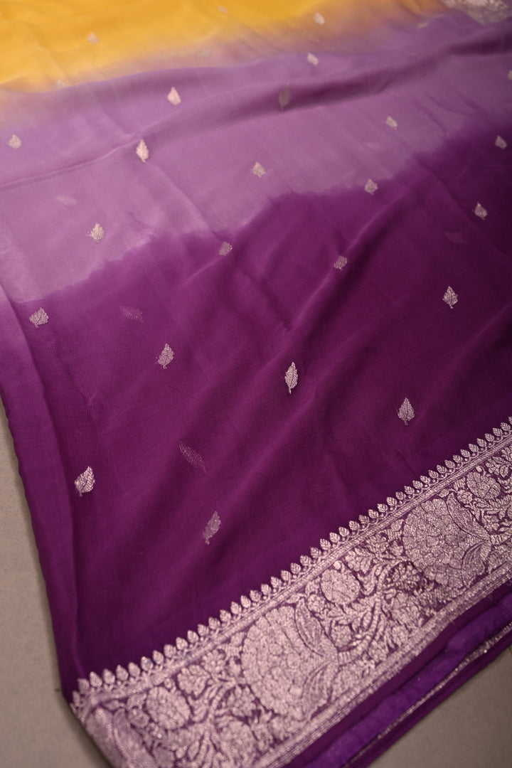 Purple-Yellow Shades Ombre Pure Silk Banarasi Chiffon Saree with Siver Zari Buttas and Border | SILK MARK CERTIFIED | SHOBITAM