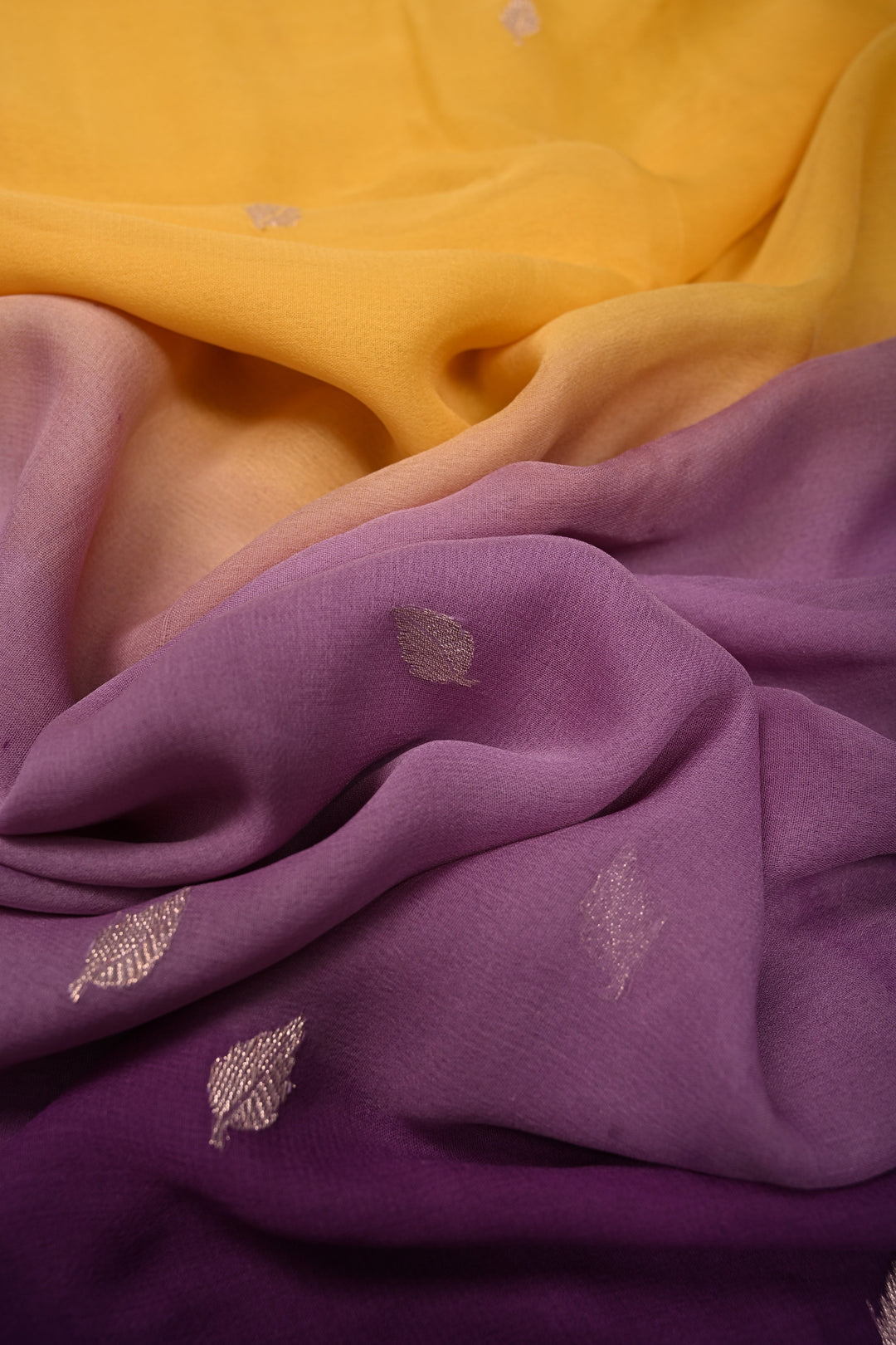 Purple-Yellow Shades Ombre Pure Silk Banarasi Chiffon Saree with Siver Zari Buttas and Border | SILK MARK CERTIFIED | SHOBITAM