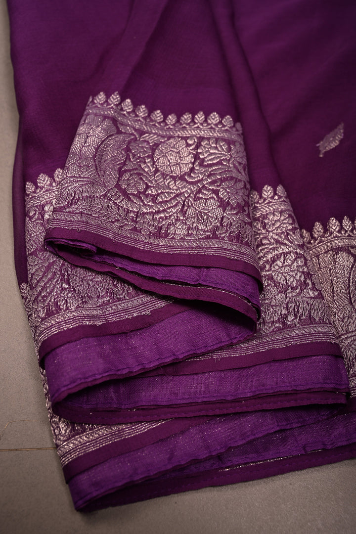 Purple-Yellow Shades Ombre Pure Silk Banarasi Chiffon Saree with Siver Zari Buttas and Border | SILK MARK CERTIFIED | SHOBITAM
