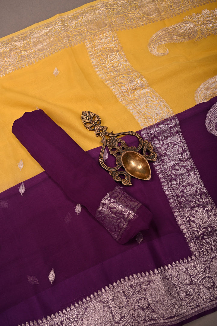 Purple-Yellow Shades Ombre Pure Silk Banarasi Chiffon Saree with Siver Zari Buttas and Border | SILK MARK CERTIFIED | SHOBITAM