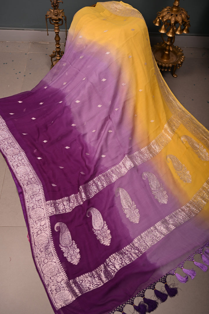 Purple-Yellow Shades Ombre Pure Silk Banarasi Chiffon Saree with Siver Zari Buttas and Border | SILK MARK CERTIFIED | SHOBITAM