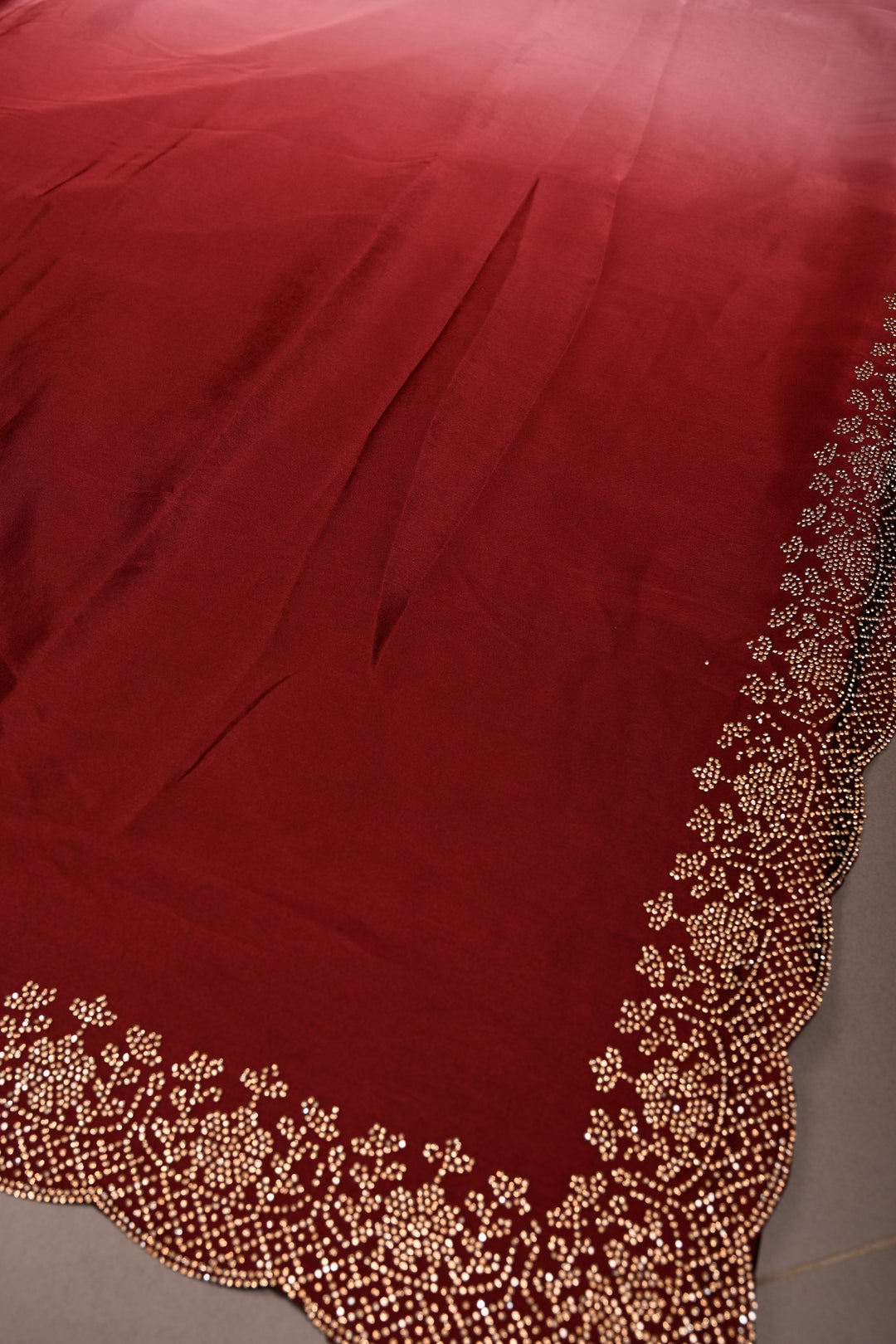Maroon-dusty pink Satin Georgette Saree with Tone on Tone Powder Stones Work and Scallop Border | SHOBITAM