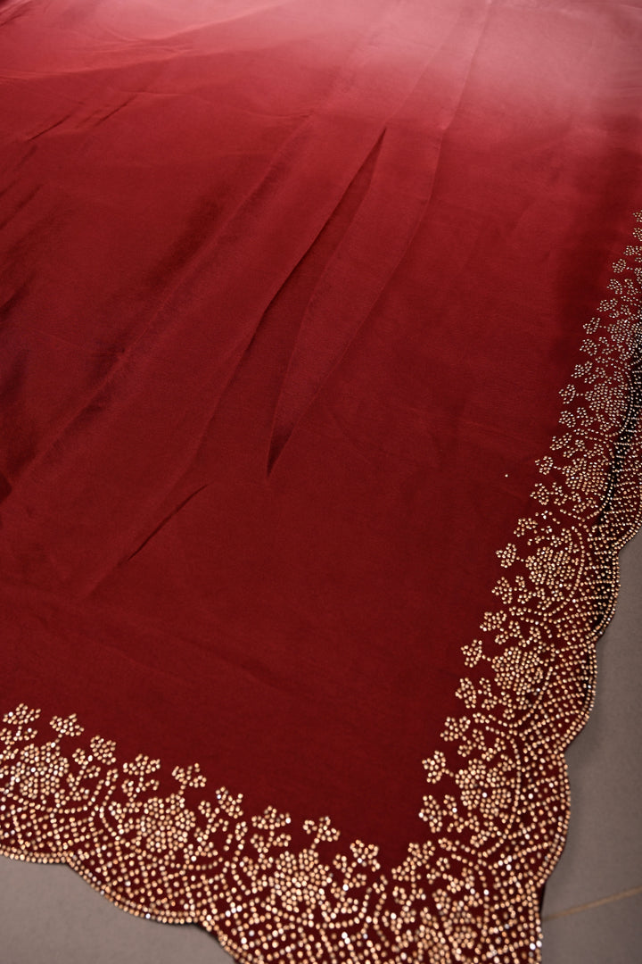 Maroon-dusty pink Satin Georgette Saree with Tone on Tone Powder Stones Work and Scallop Border | SHOBITAM