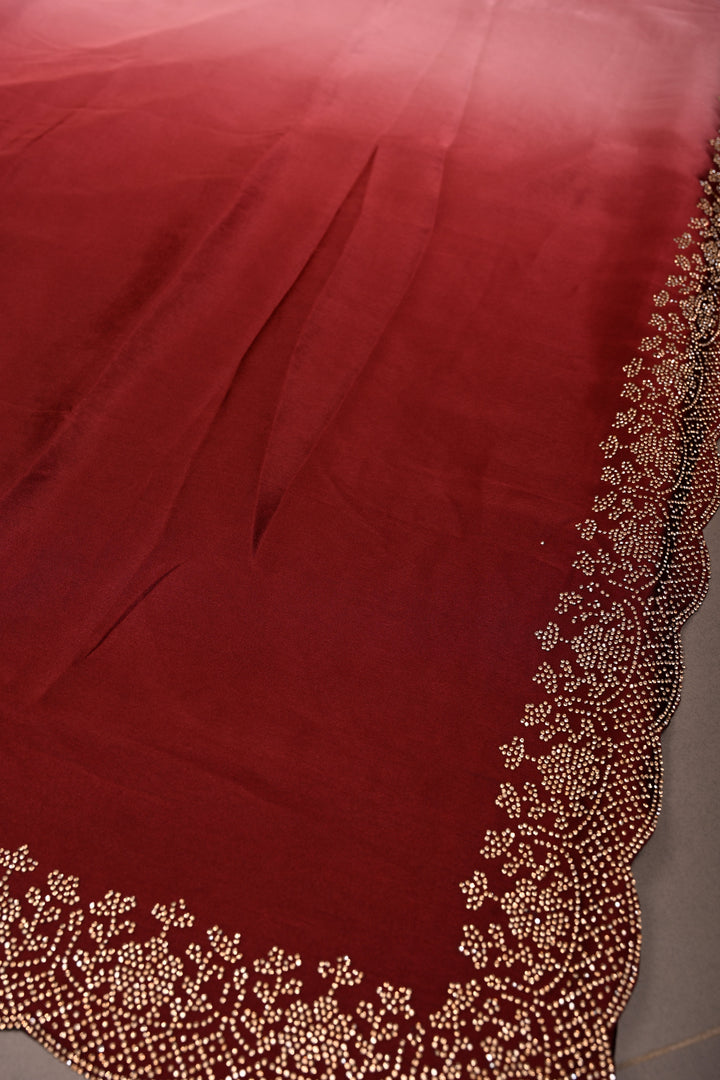 Maroon-dusty pink Satin Georgette Saree with Tone on Tone Powder Stones Work and Scallop Border | SHOBITAM