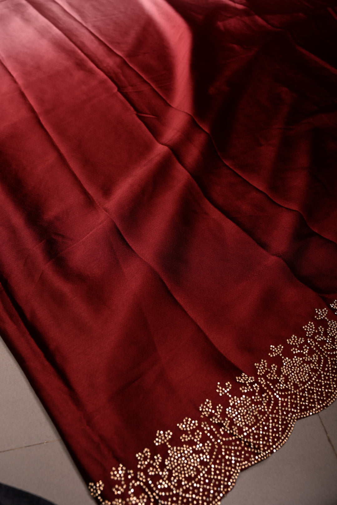 Maroon-dusty pink Satin Georgette Saree with Tone on Tone Powder Stones Work and Scallop Border | SHOBITAM