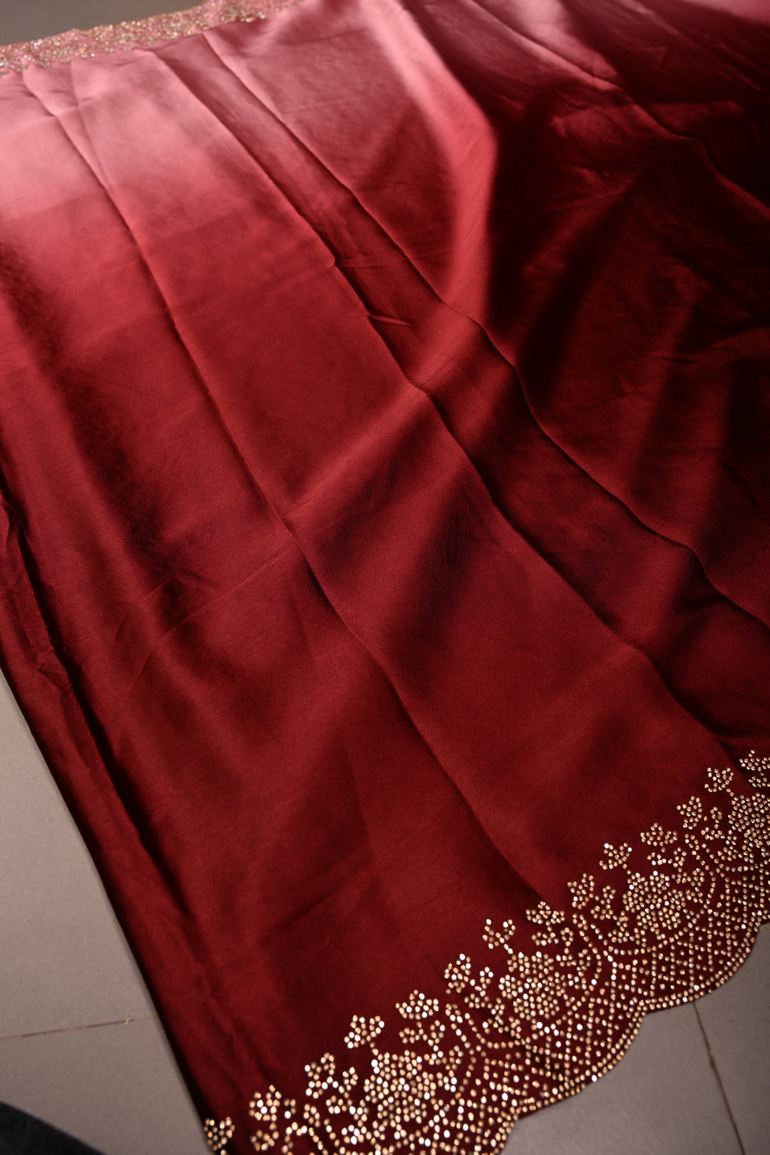 Maroon-dusty pink Satin Georgette Saree with Tone on Tone Powder Stones Work and Scallop Border | SHOBITAM