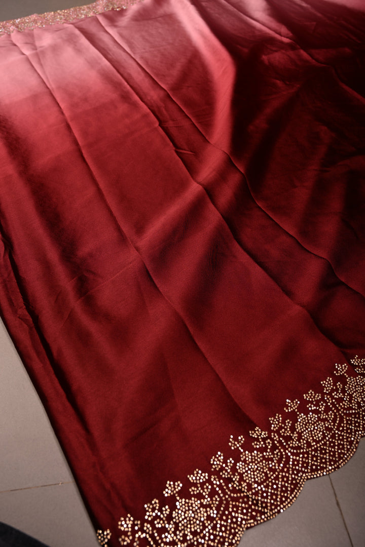 Maroon-dusty pink Satin Georgette Saree with Tone on Tone Powder Stones Work and Scallop Border | SHOBITAM