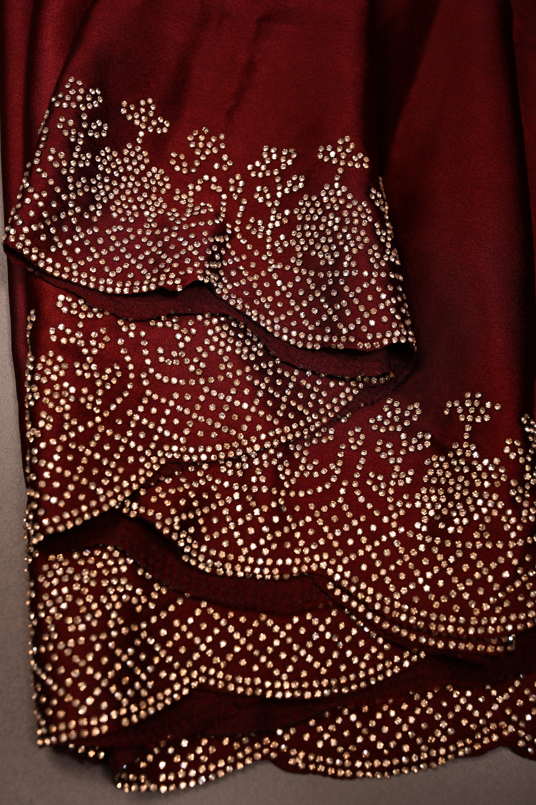 Maroon-dusty pink Satin Georgette Saree with Tone on Tone Powder Stones Work and Scallop Border | SHOBITAM