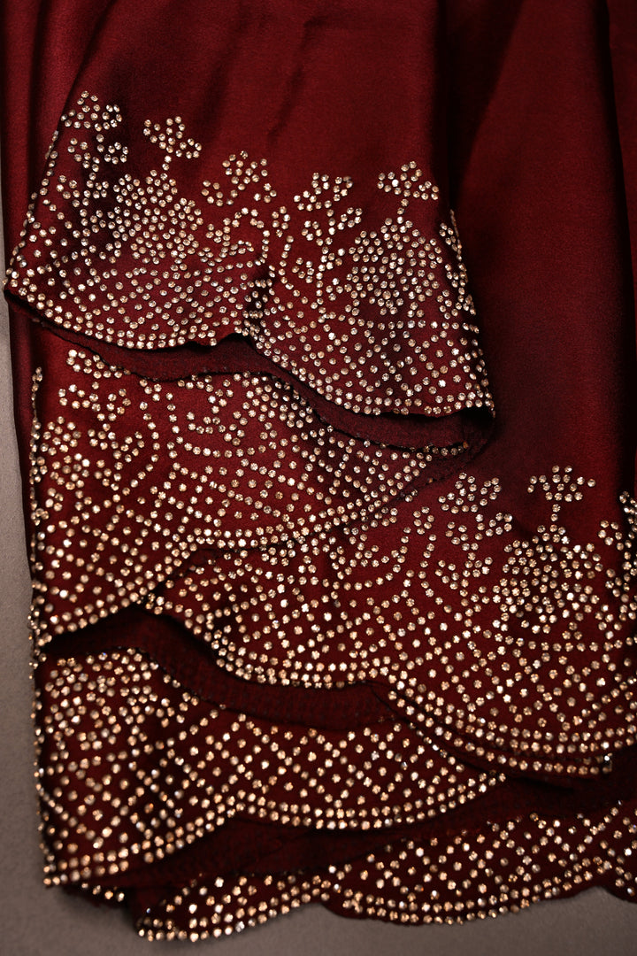 Maroon-dusty pink Satin Georgette Saree with Tone on Tone Powder Stones Work and Scallop Border | SHOBITAM