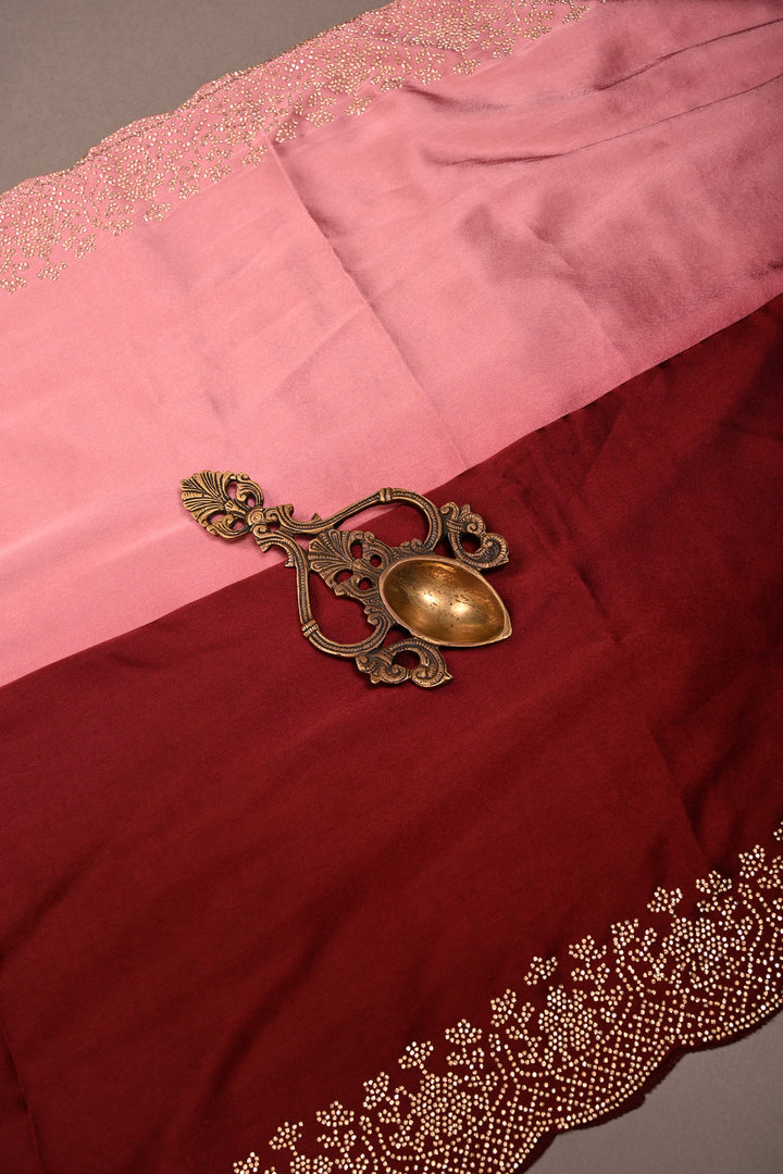 Maroon-dusty pink Satin Georgette Saree with Tone on Tone Powder Stones Work and Scallop Border | SHOBITAM