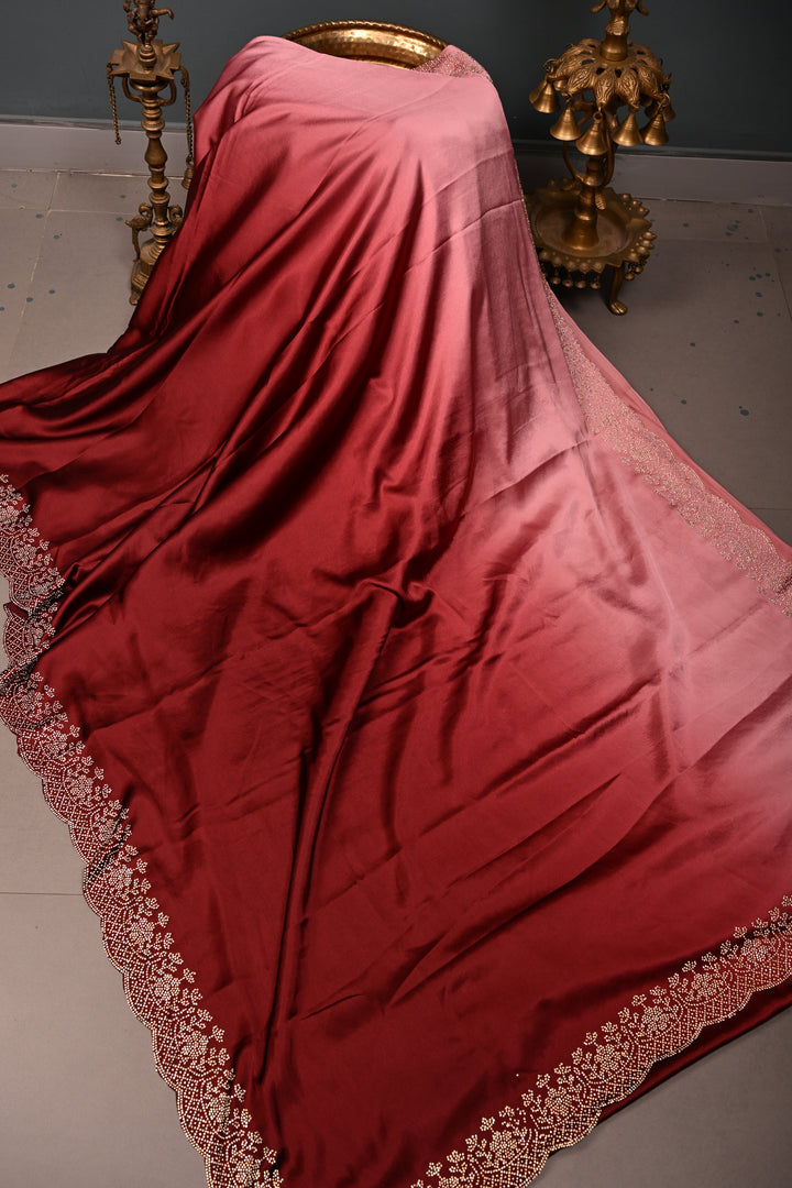 Maroon-dusty pink Satin Georgette Saree with Tone on Tone Powder Stones Work and Scallop Border | SHOBITAM