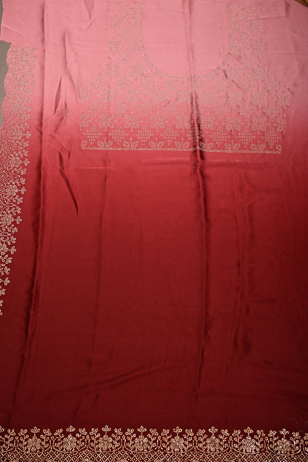 Maroon-dusty pink Satin Georgette Saree with Tone on Tone Powder Stones Work and Scallop Border | SHOBITAM