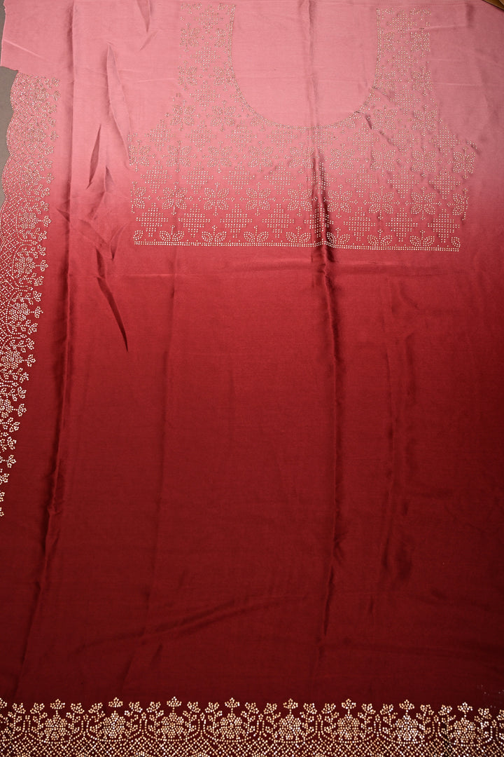 Maroon-dusty pink Satin Georgette Saree with Tone on Tone Powder Stones Work and Scallop Border | SHOBITAM