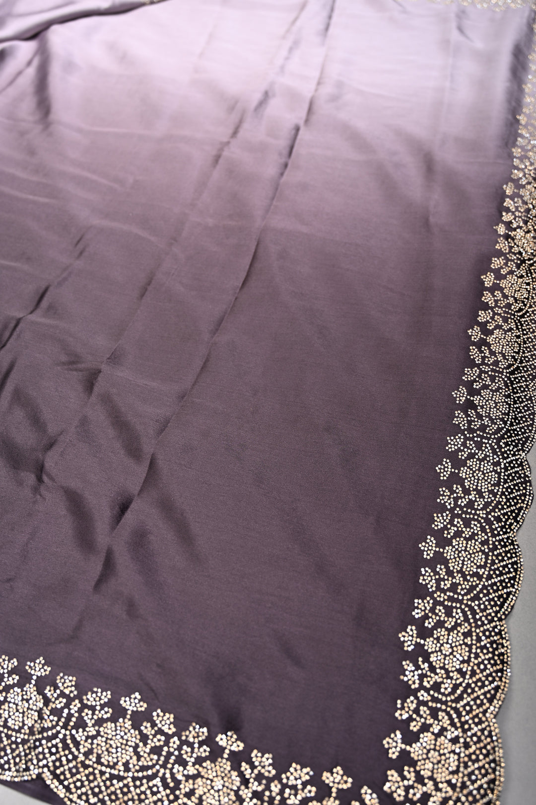 Black-Grey Ombre Satin Georgette Saree with Tone on Tone Powder Stones Work and Scallop Border | SHOBITAM