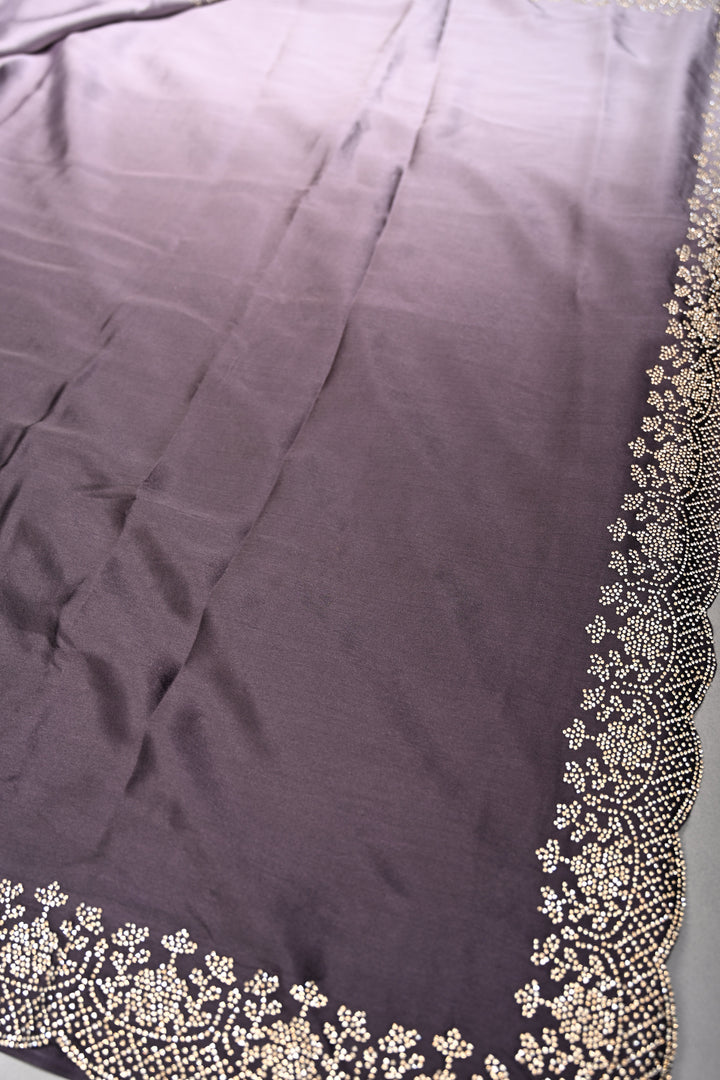 Black-Grey Ombre Satin Georgette Saree with Tone on Tone Powder Stones Work and Scallop Border | SHOBITAM
