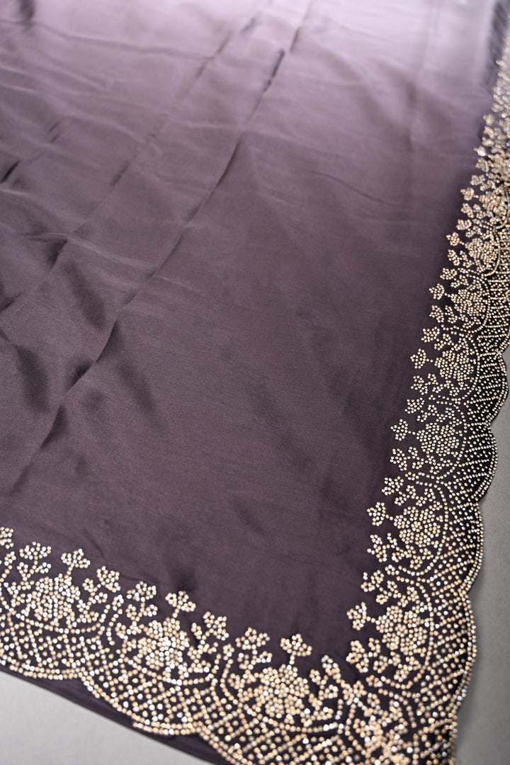 Black-Grey Ombre Satin Georgette Saree with Tone on Tone Powder Stones Work and Scallop Border | SHOBITAM